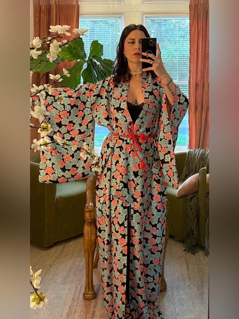 Real silk vintage Japanese kimono black goth floral pink blue flowers